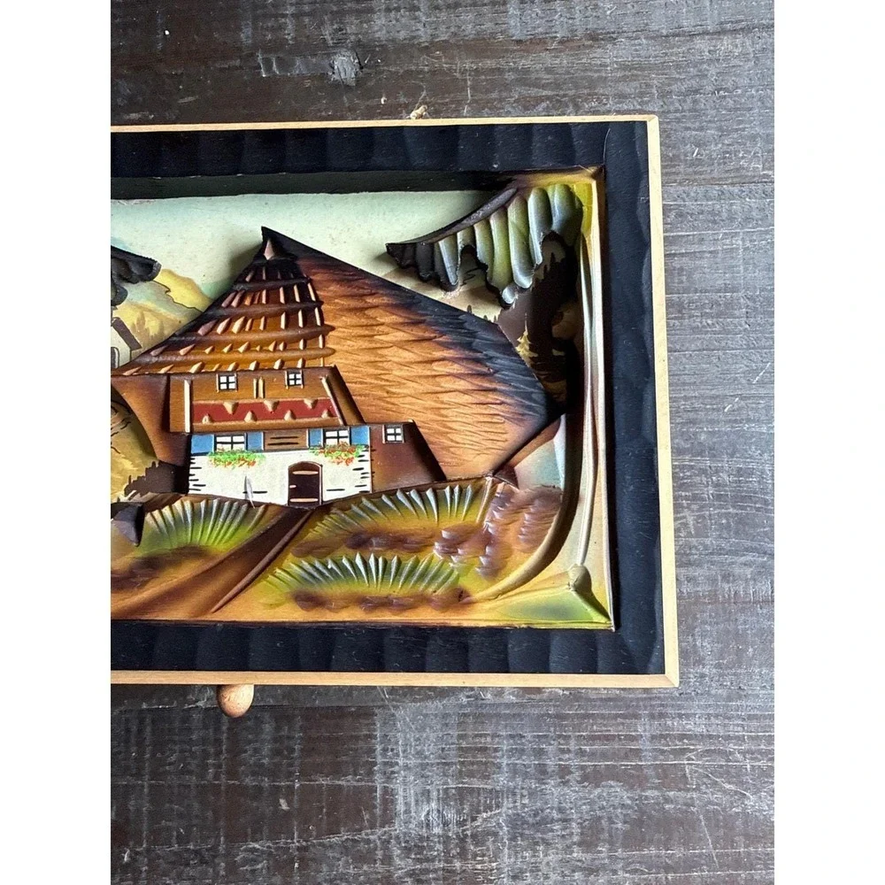 Vintage Black Forest Musical Jewelry Box Swiss‎ Chalet Wood Carving Restoration